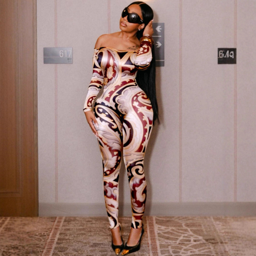 Off Shoulder Printed Bodycon Jumpsuit With High Waist And Cropped Pants