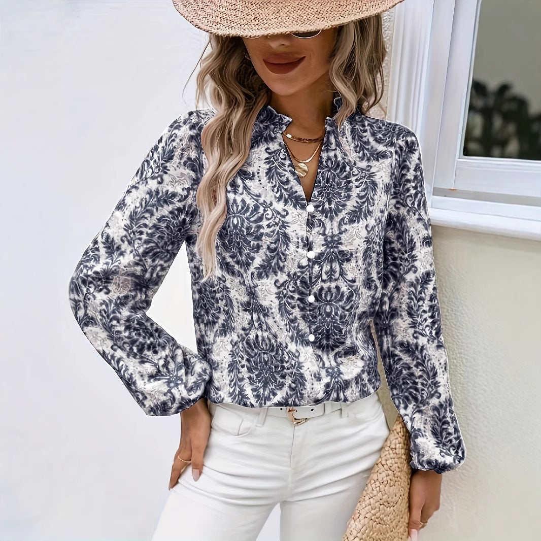 Elegant Printed Lantern Sleeve Ruffled Trim Long Sleeve Blouse