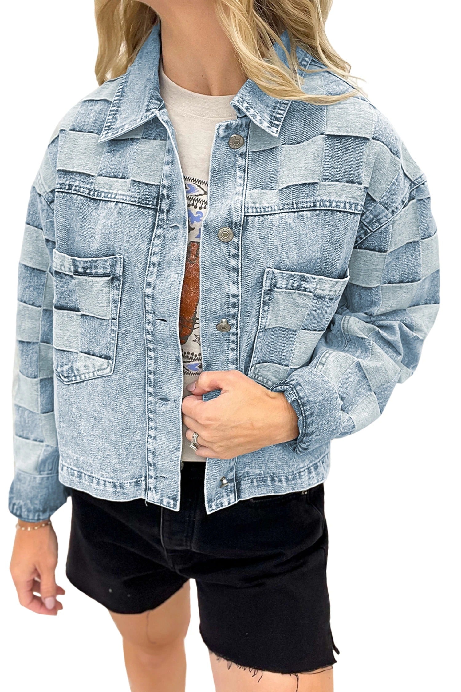 Relaxed Checkered Denim Jacket For Women Retro