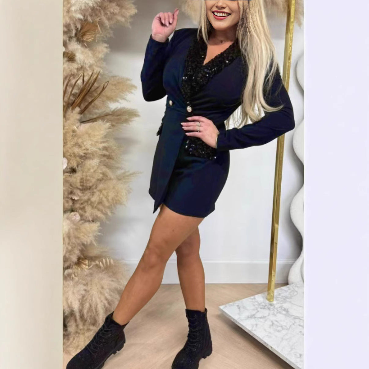 Sequin Spliced Elegant Jumpsuit With Cropped Straight Leg Fit