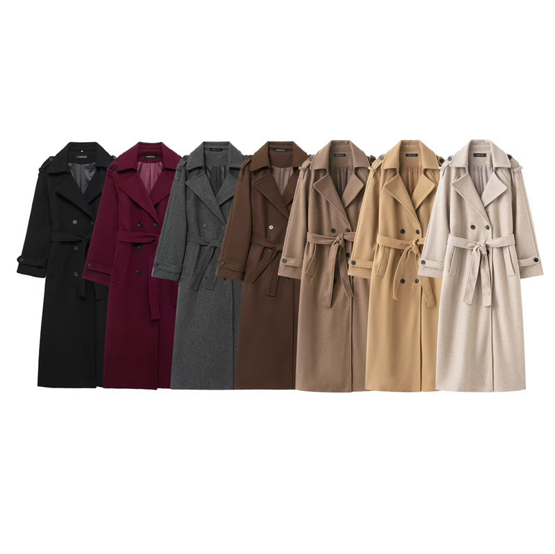 British Double-Breasted Long Wool Coat Women's Classic Overcoat