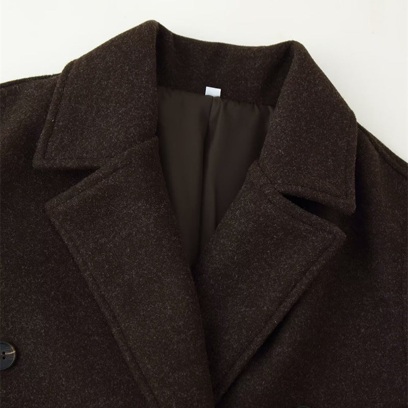 Double Breasted Extended Length Wool Coat With Patchwork Detail