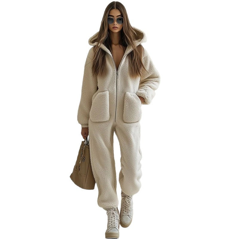 Hooded Plush Jumpsuit With Loose Fit And Cozy Warmth