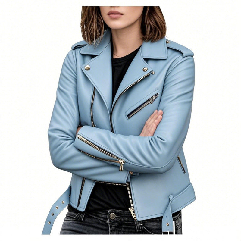 Slim Rivet-Detail Short PU Leather Jacket For Women