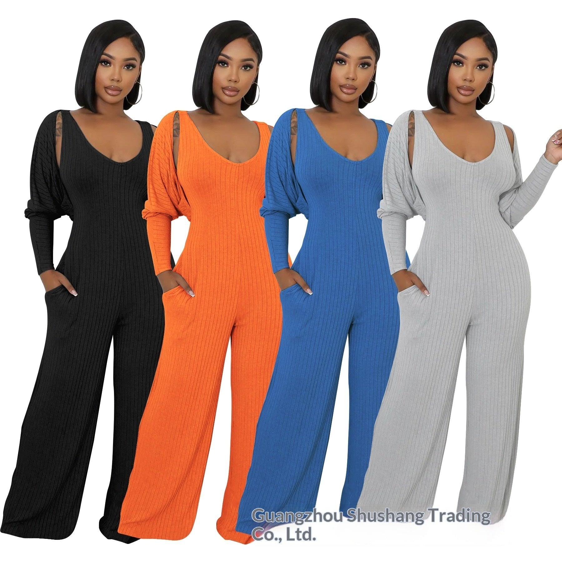 High Stretch Ribbed Jumpsuit Set With Backless Detail And Puff Sleeves