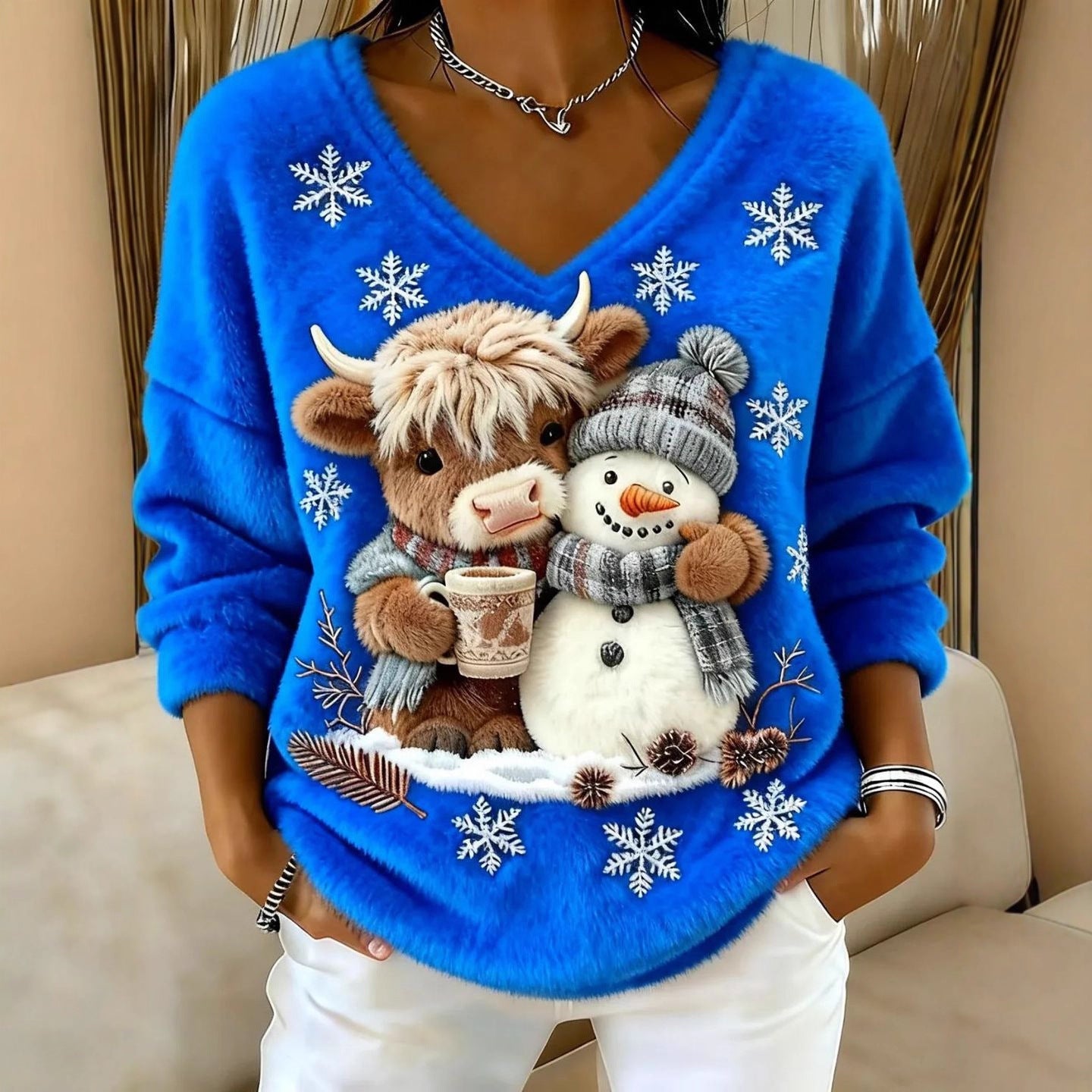 V Neck Christmas Sweater With 3D Digital Print And Regular Fit