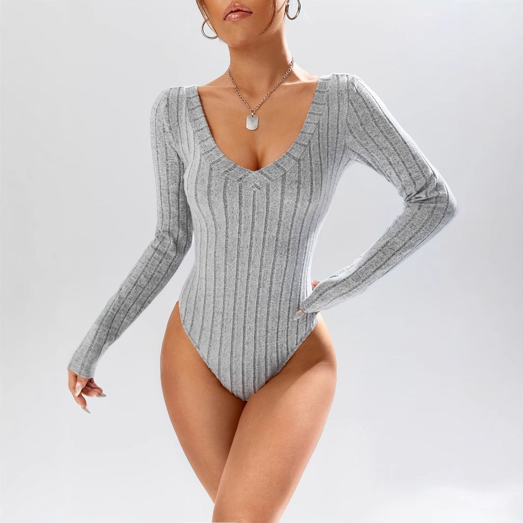 Deep V Neck Slim Fit Long Sleeve Jumpsuit With Waist Control