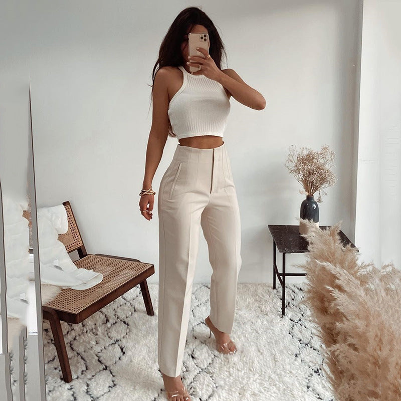 Royal Blue Pleated High Waist Slim Fit Straight Pants