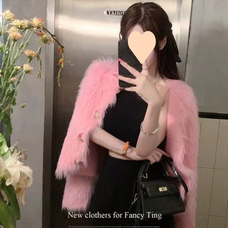 Faux Mink Velvet Knit Short Cardigan Sweater Coat Thickened