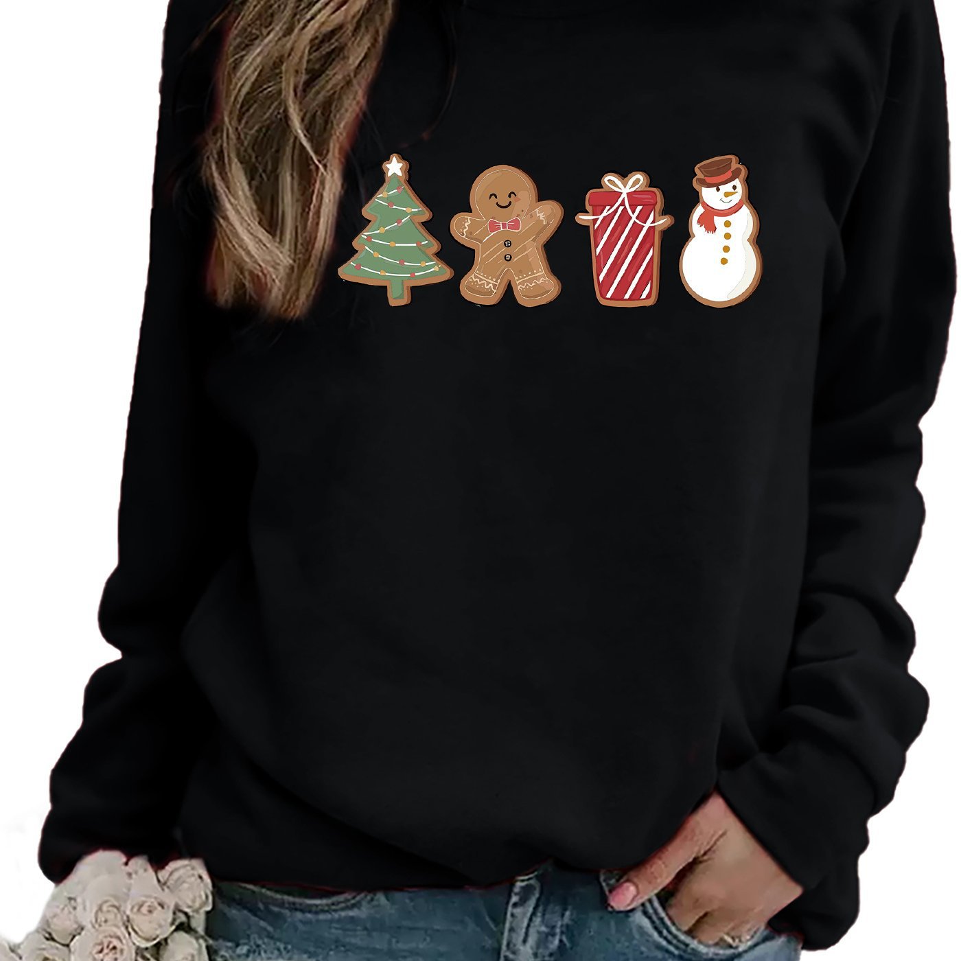 Snowman Gingerbread Print Cozy Long Sleeve Holiday Pullover Sweater