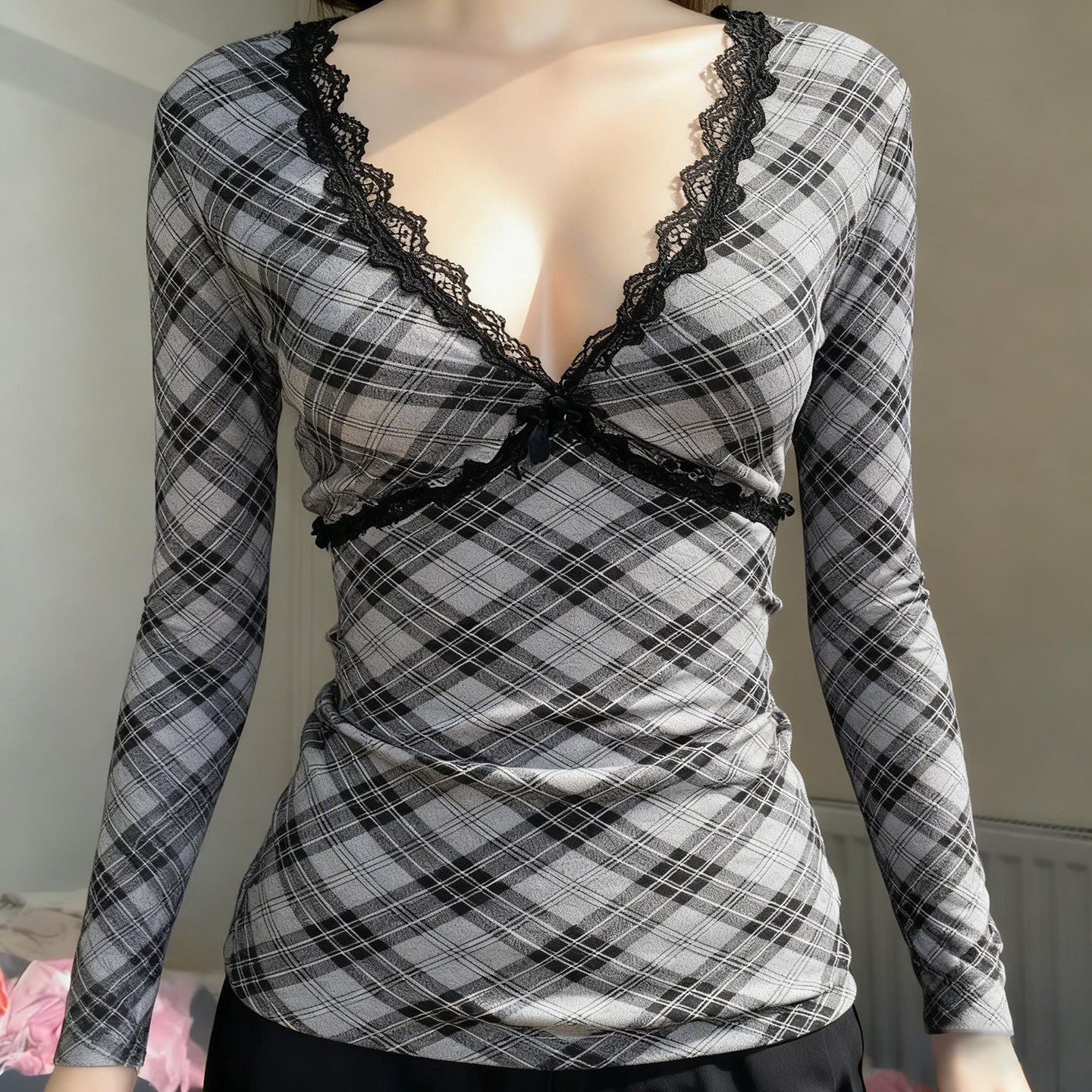 Slim Fit Plaid Patchwork Long Sleeve Short-Length Base Layer Top
