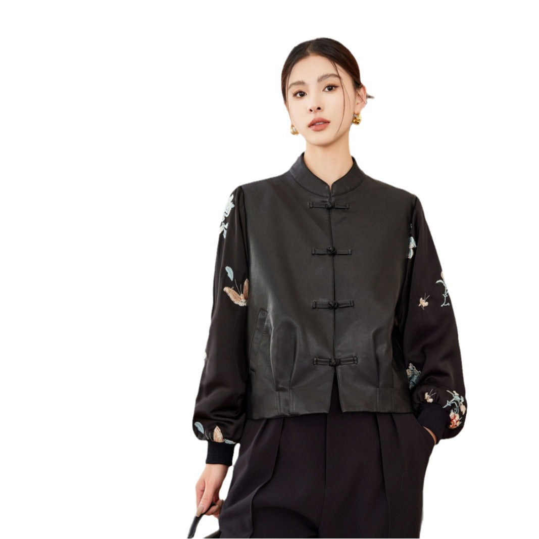 Black Retro Stitching Short Leather Coat For Women