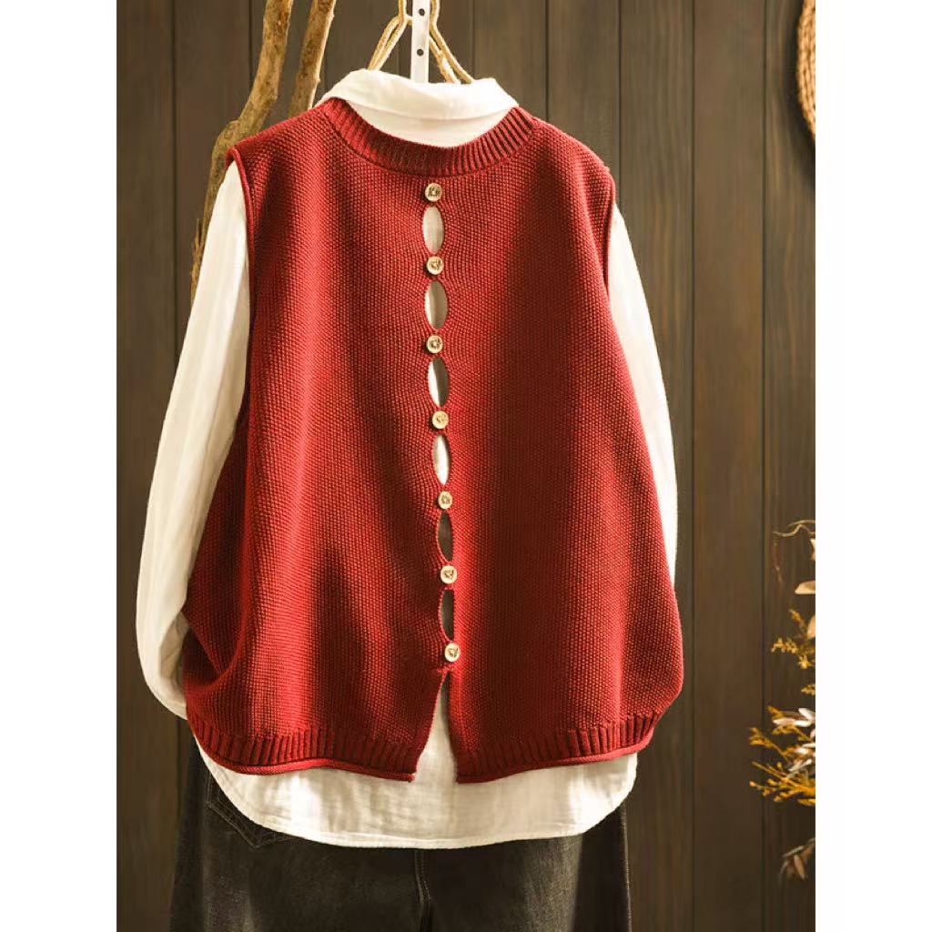 Back-Button Loose Fit Viscose Knit Sleeveless Commuter Vest