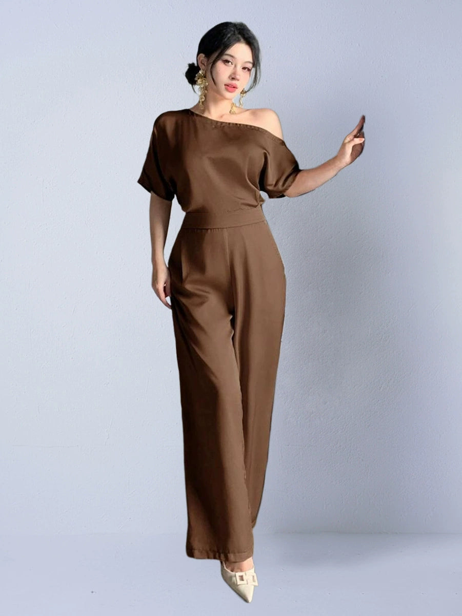 Elegant Satin Asymmetrical Jumpsuit With Lightweight Flowing Fit