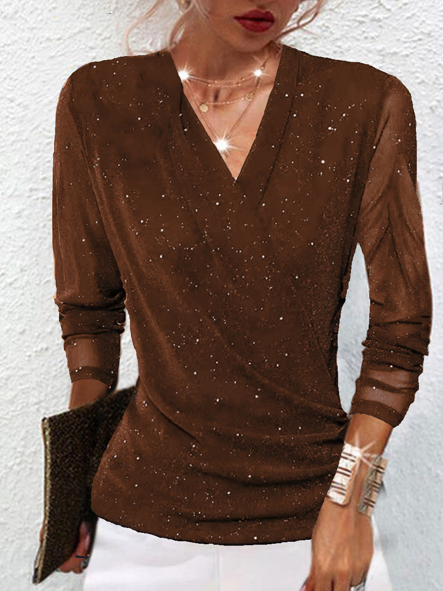 Chic Mesh V Neck Long Sleeve Top For Women