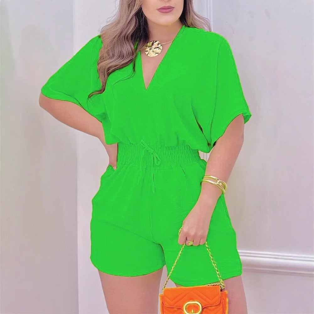Ruffled V Neck Wide Leg Jumpsuit With Elegant Three Quarter Sleeves