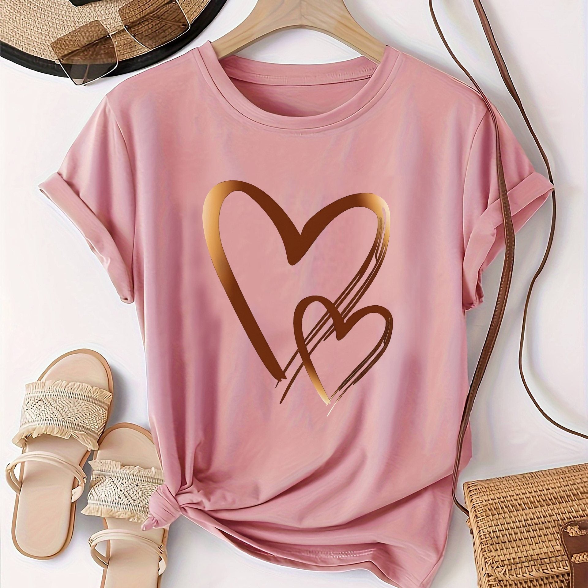Soft Cotton Short Sleeve Casual Heart Print Everyday Women's Top