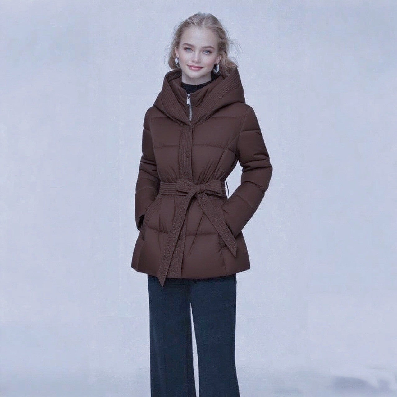 Short Women's Waist-Cinching Hooded Tie-Front Warm Coat
