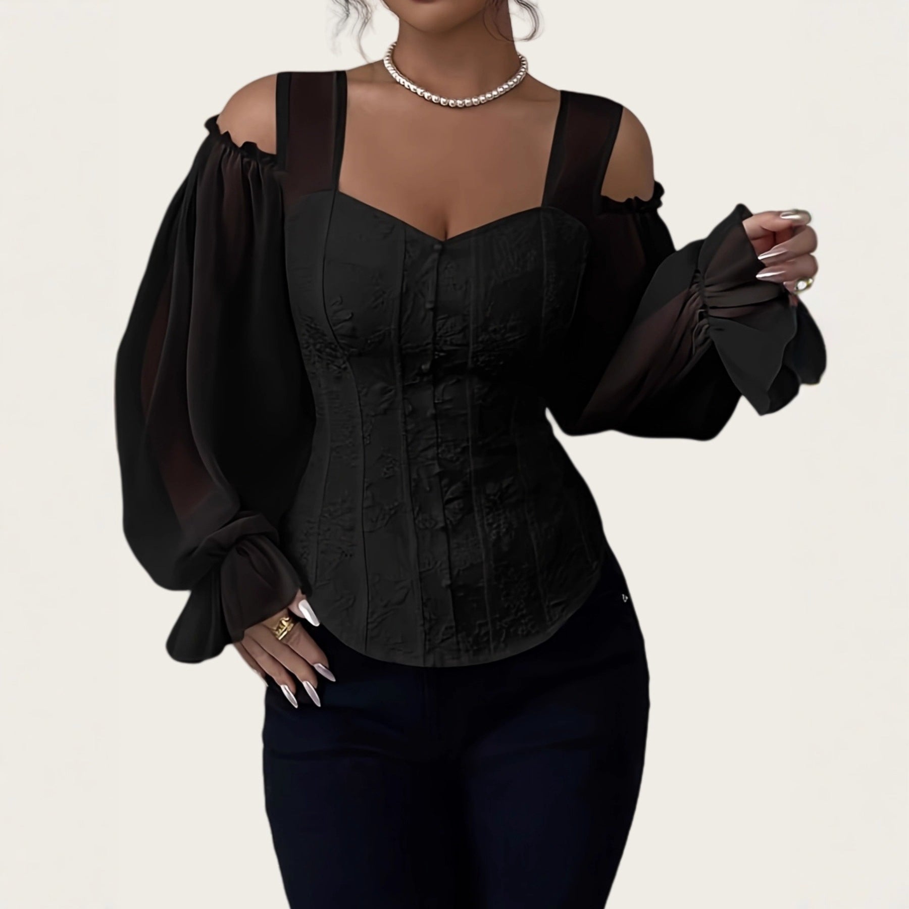 Elegant Off-Shoulder Floral Jacquard Puff-Sleeve Blouse