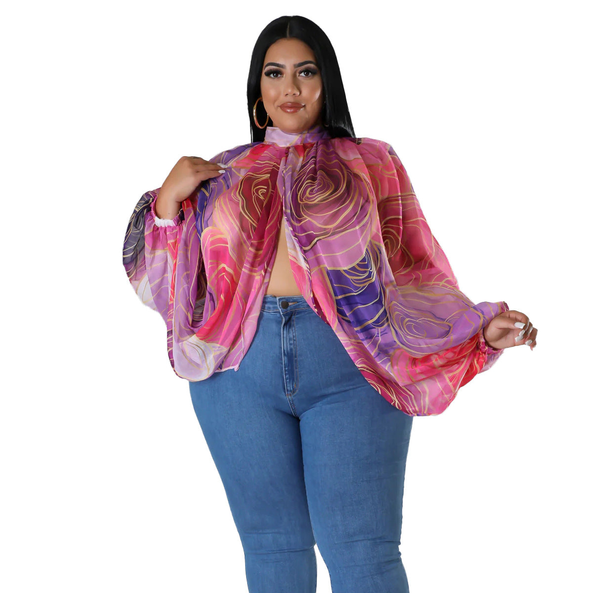Plus Size Floral Batwing Sleeve Long Chiffon Tie-Detail Loose Top
