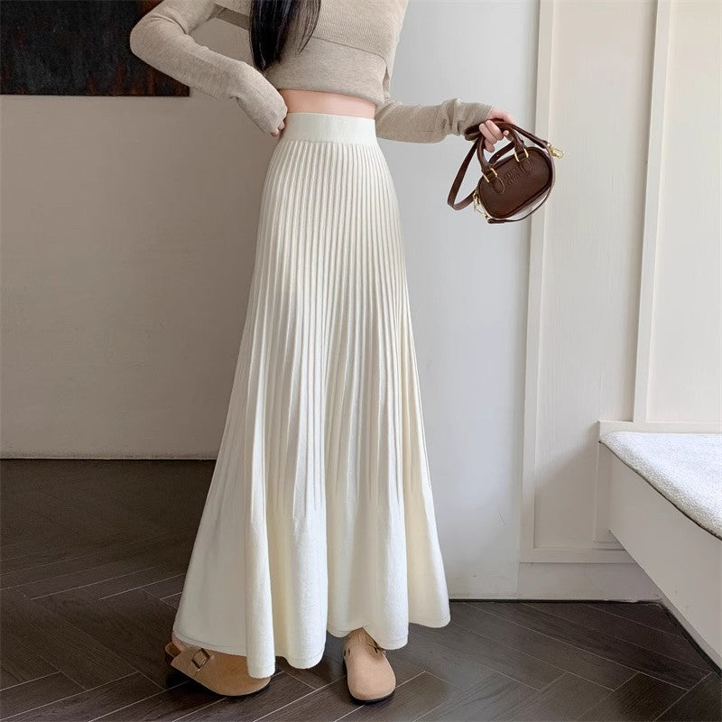 High Waisted Knitted Pleated Midi Skirt For Slimming Fit