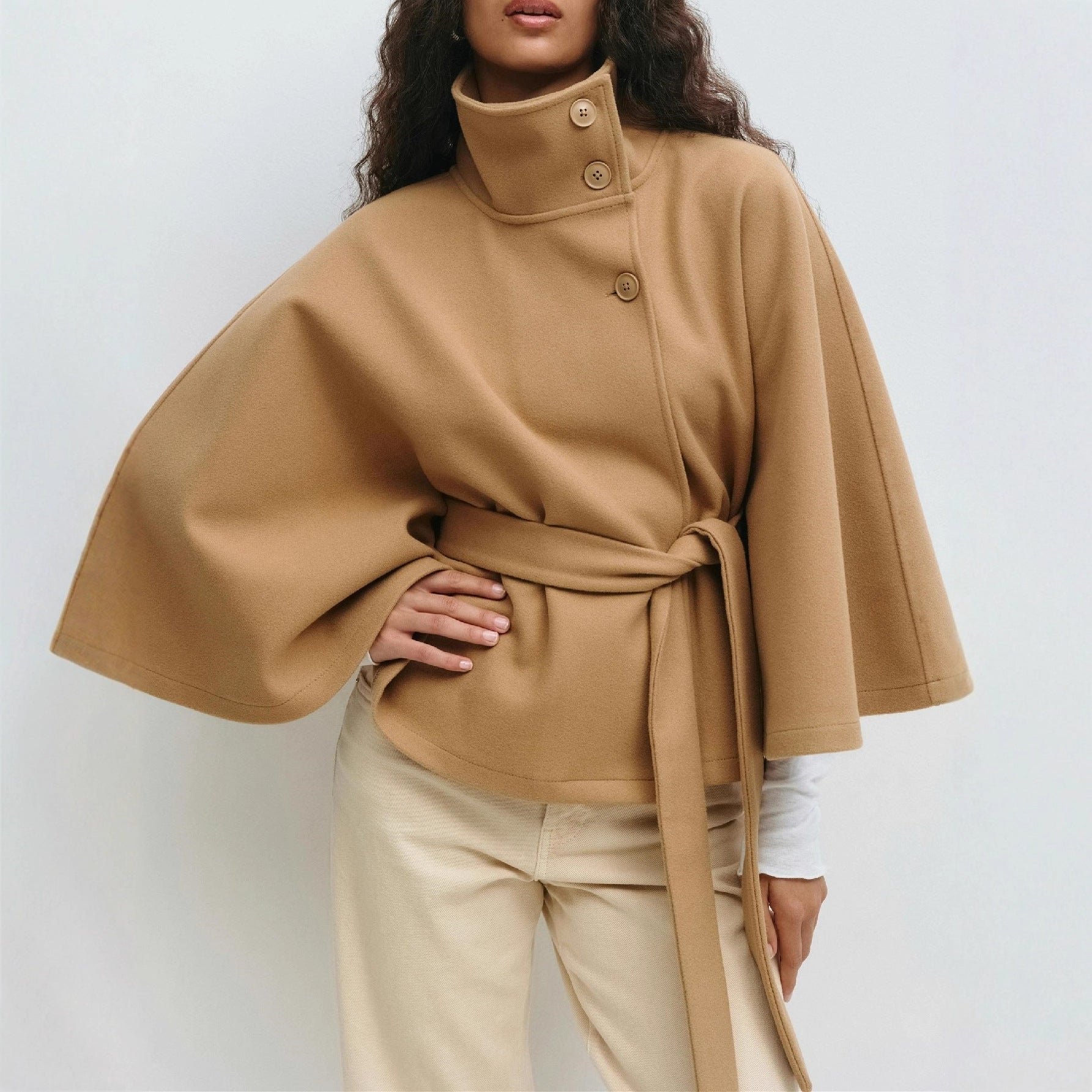 Stand-Collar Solid Trench Coat For Women In Neutral Colors