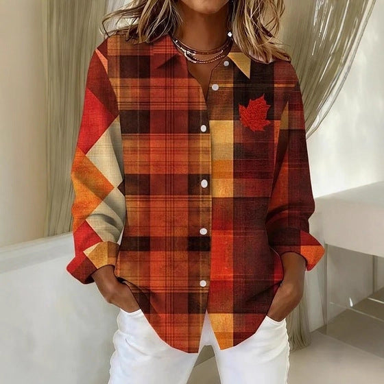 Women's Plus Size Colorblock Long Sleeve Casual Collared Cardigan Shirt
