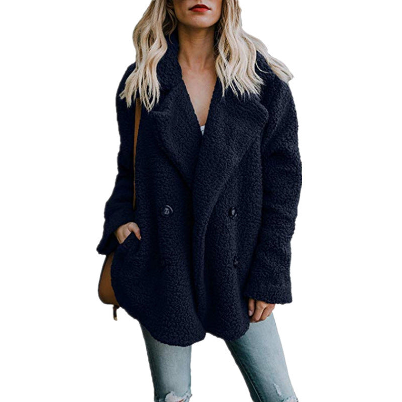 Plush Button Lapel Pocket Coat Women's Autumn Winter Warm Jacket