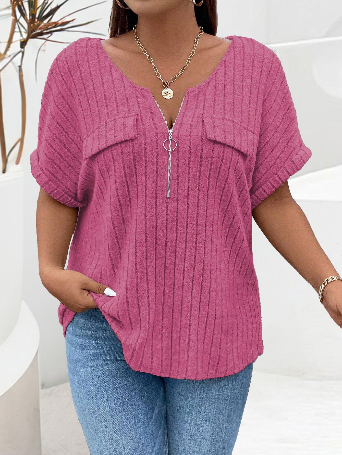 Zipper Accent Short Sleeve Loose Fit Casual Pullover Summer Top