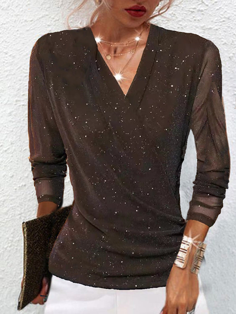 Chic Mesh V Neck Long Sleeve Top For Women