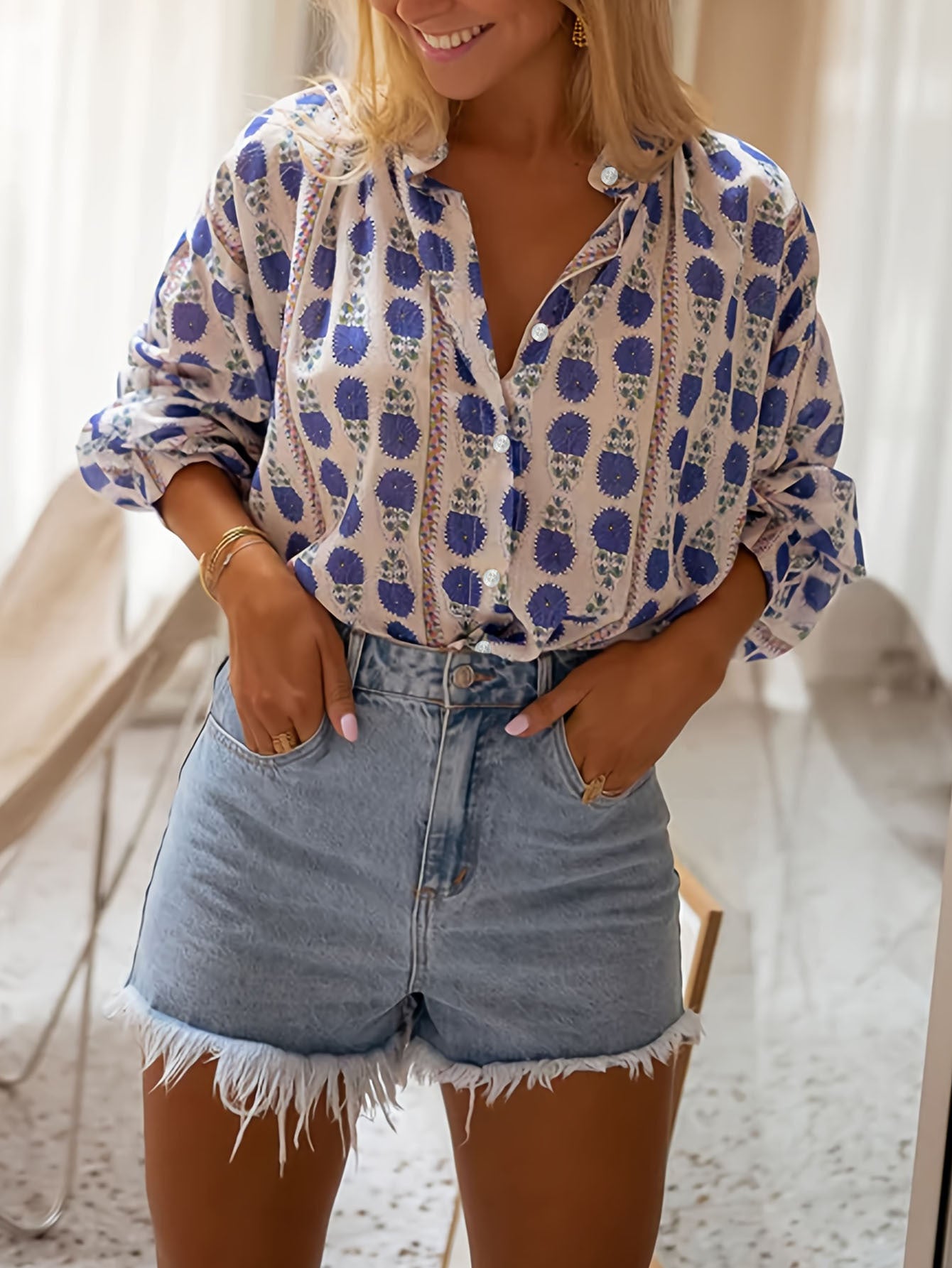 Women's Printed Loose Fit Long Sleeve Casual Everyday Shirt