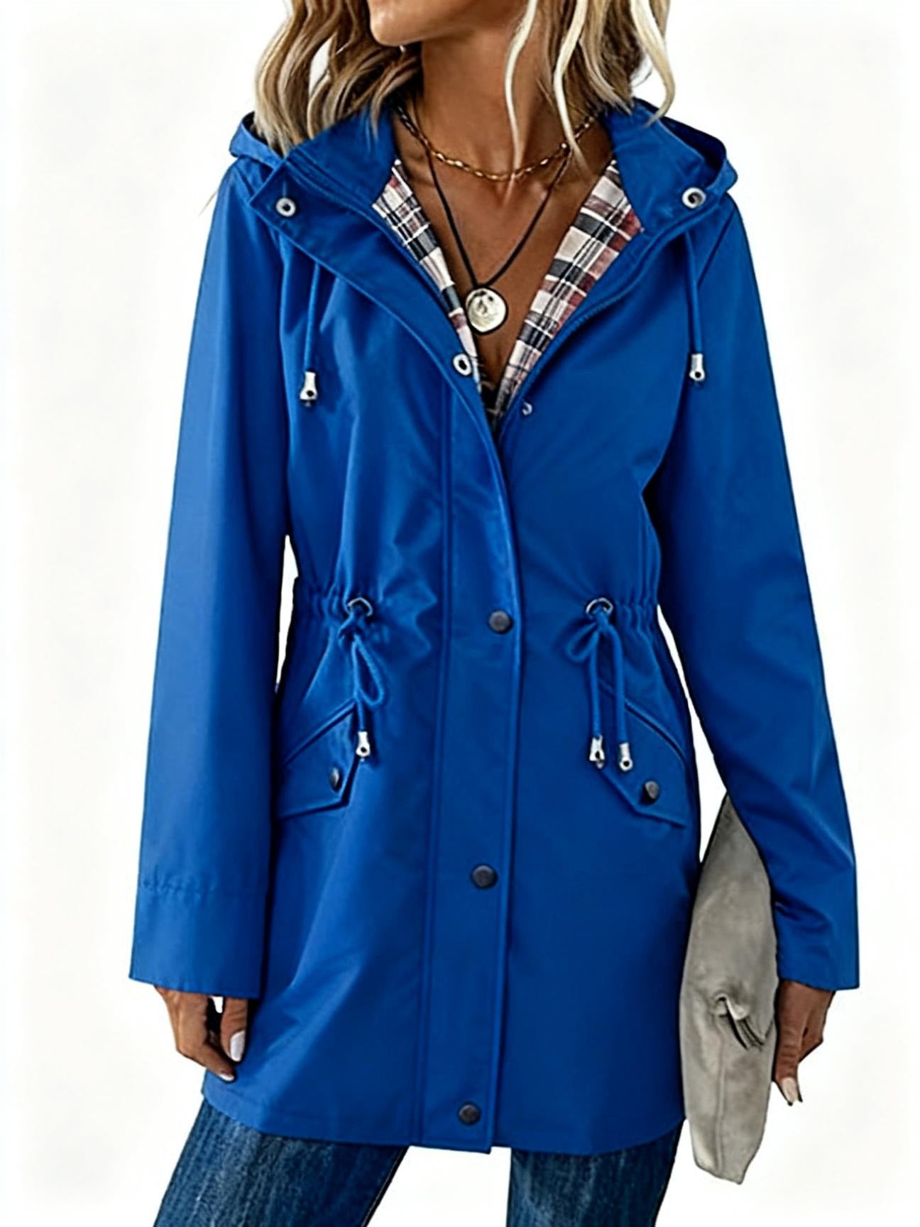 Plaid Hooded Drawstring Nipped-Waist Coat For Stylish Everyday Wear
