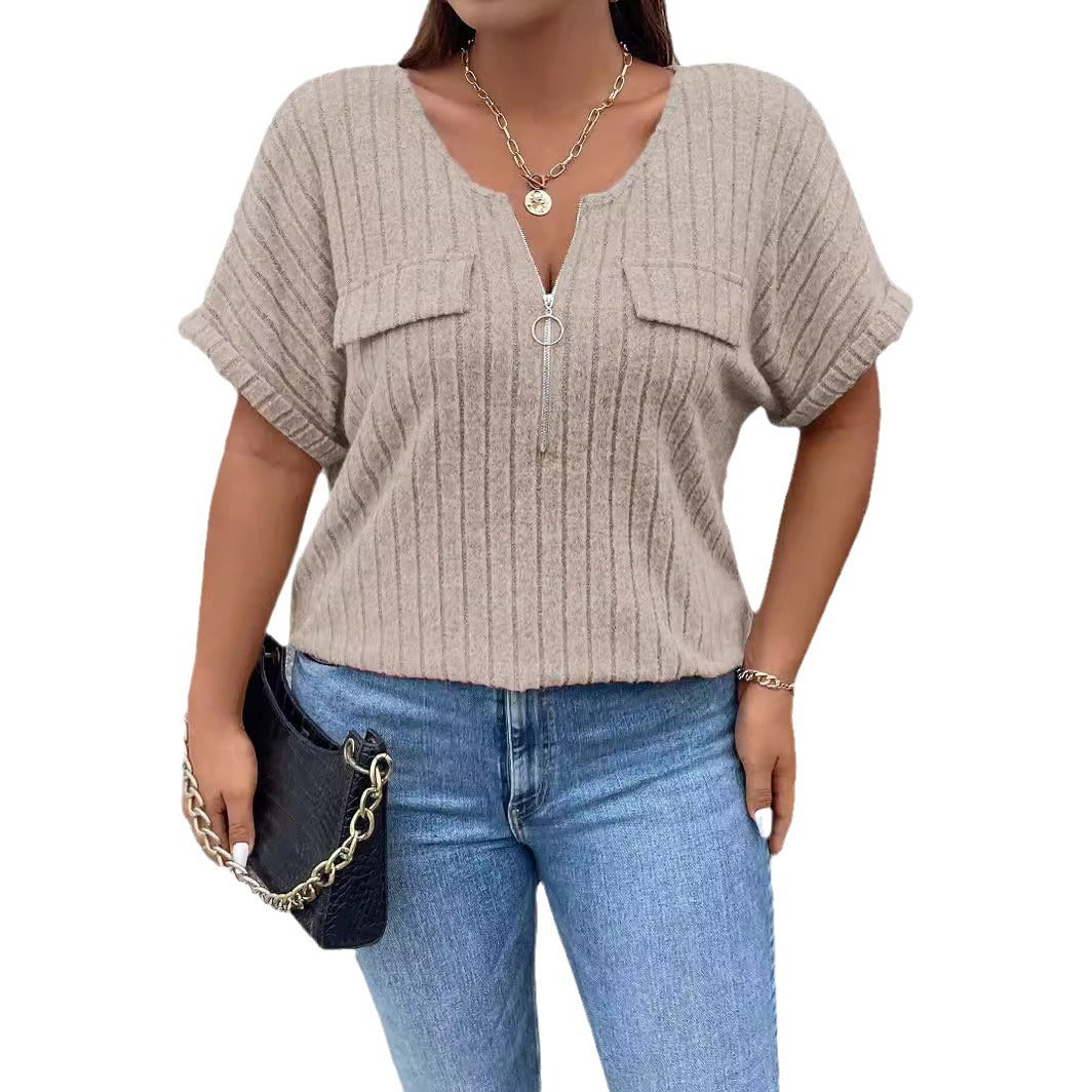 Zipper Accent Short Sleeve Loose Fit Casual Pullover Summer Top