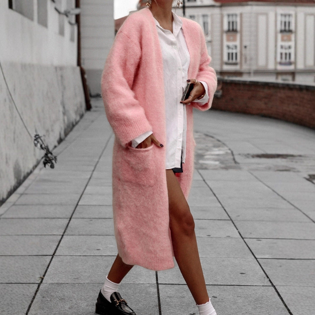 Elegant Mid-Length Loose Knit Sweater Coat With Pockets