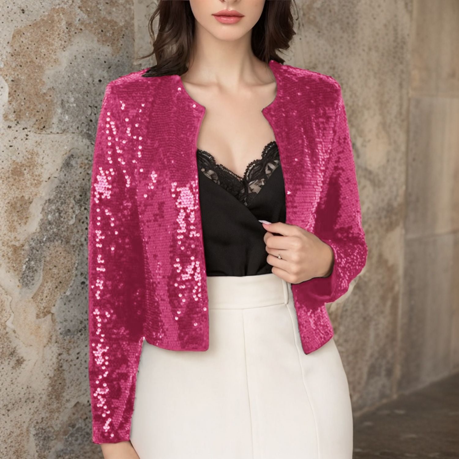 Crew-Neck Long Sleeve Sequin Cardigan Jacket For Evening Wear