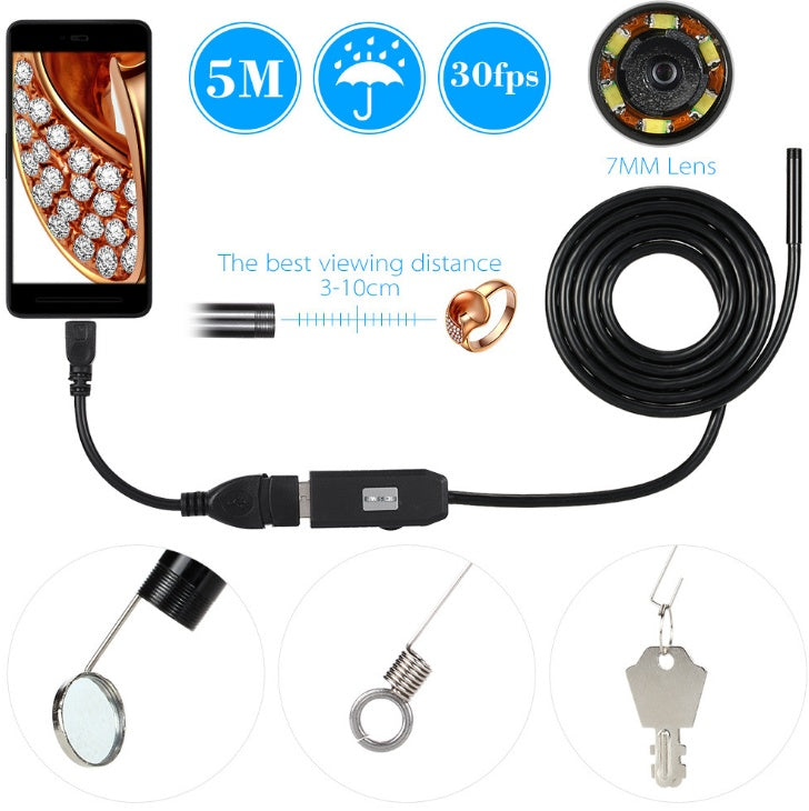 7mm Waterproof USB Endoscope With 6 LEDs And 5M Cable