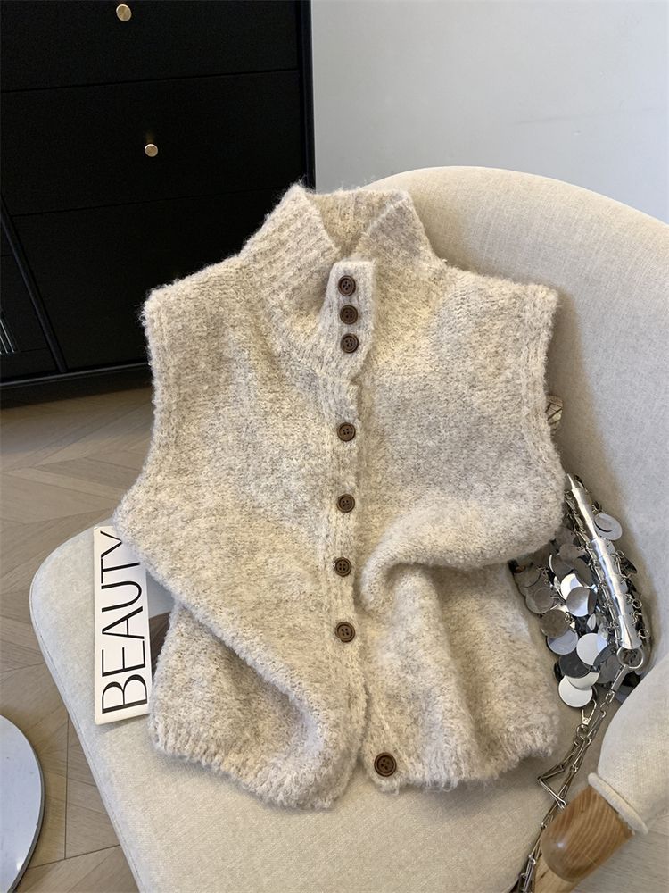 High-Neck Button-Front Chenille Knit Sleeveless Warm Vest