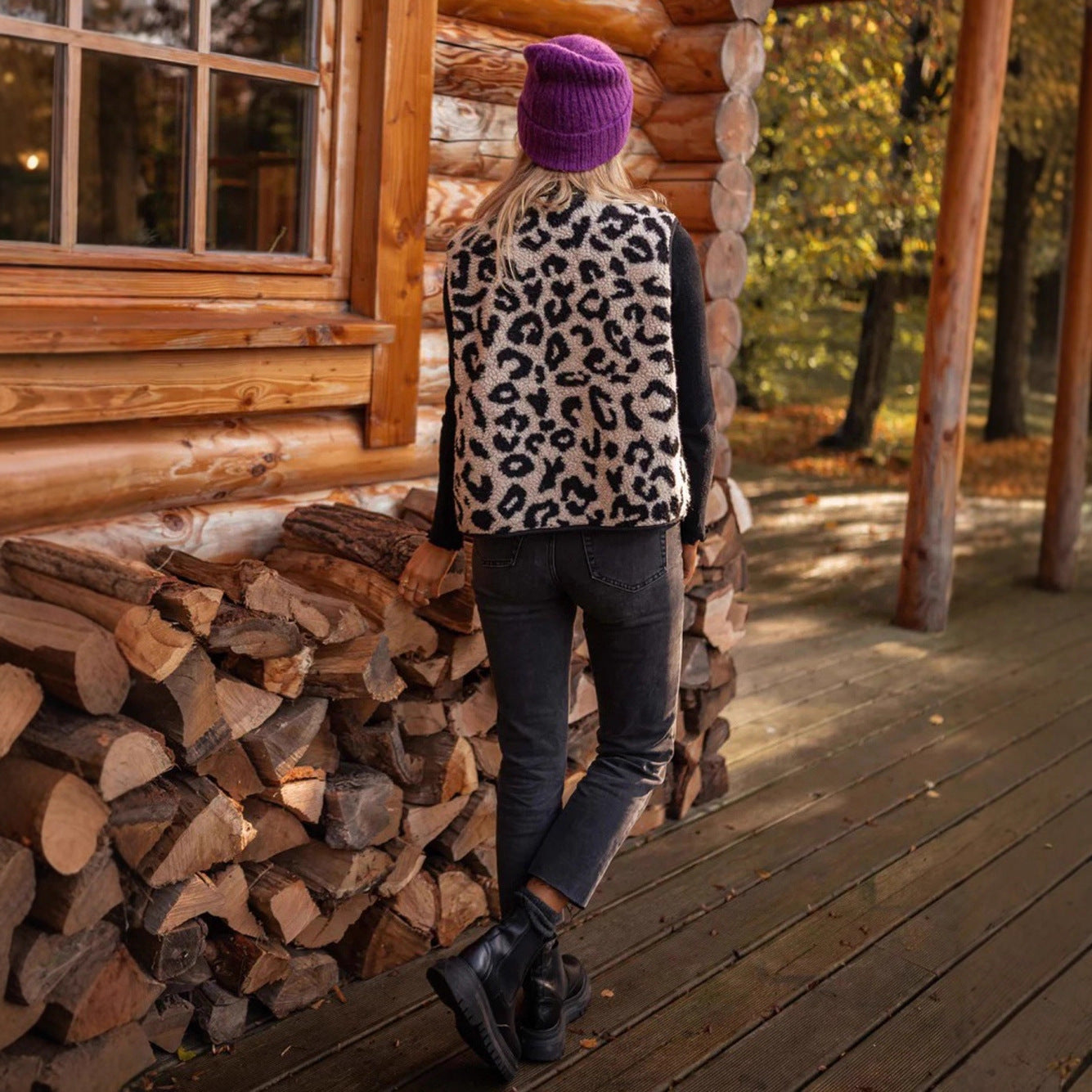 Leopard Pattern Faux Fur Sleeveless Cardigan Warm Winter Vest
