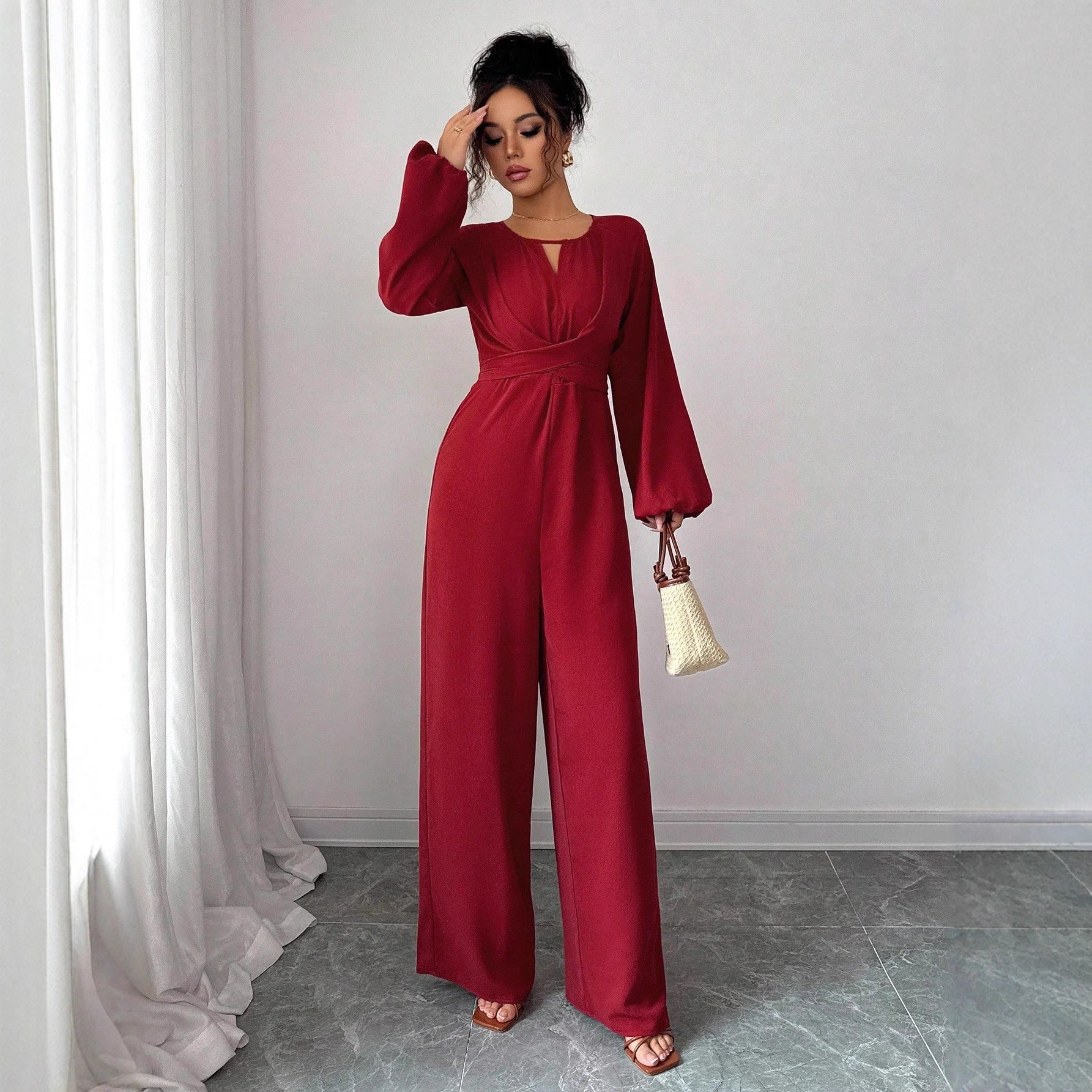 Square Neck Wide Leg Jumpsuit With Elegant Lantern Sleeves