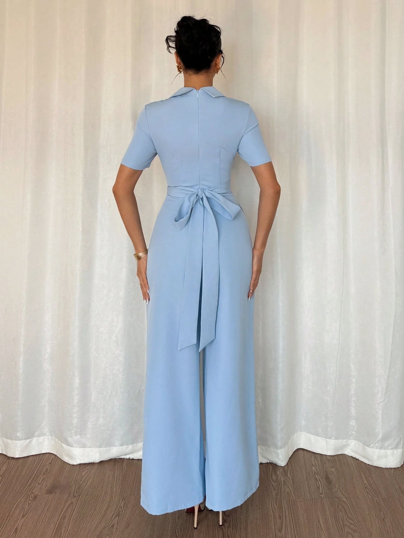 Sky Blue Off Shoulder Belted Jumpsuit With Elegant Slim Fit