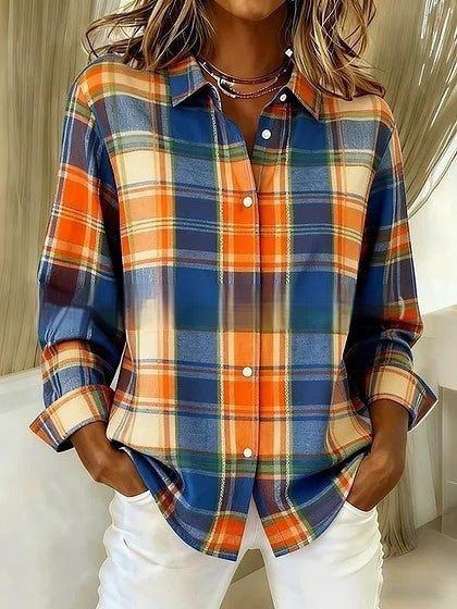 Women's Plus Size Colorblock Long Sleeve Casual Collared Cardigan Shirt