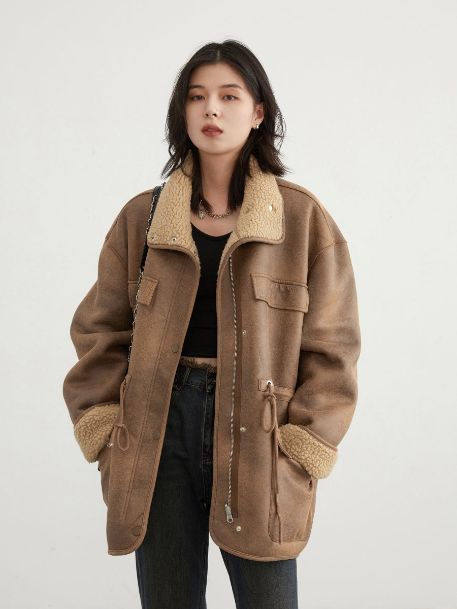Suede Lamb Wool Motorcycle Coat Mid-Length Women's Jacket Warm