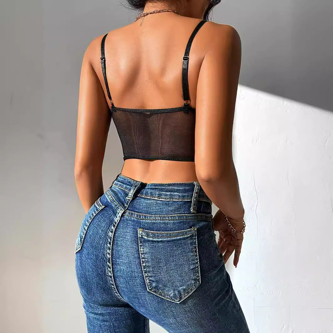 Sheer Mesh Floral Spliced Backless Slim Fit Ultra-Short Camisole