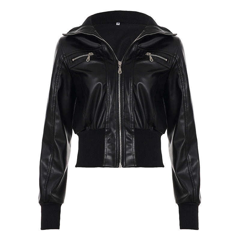 Retro Slim Fit Zipper Faux Leather Jacket For Women