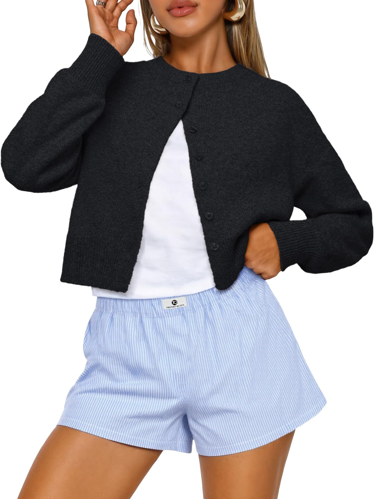 Cropped Button-Front Crewneck Knit Sweater For Women
