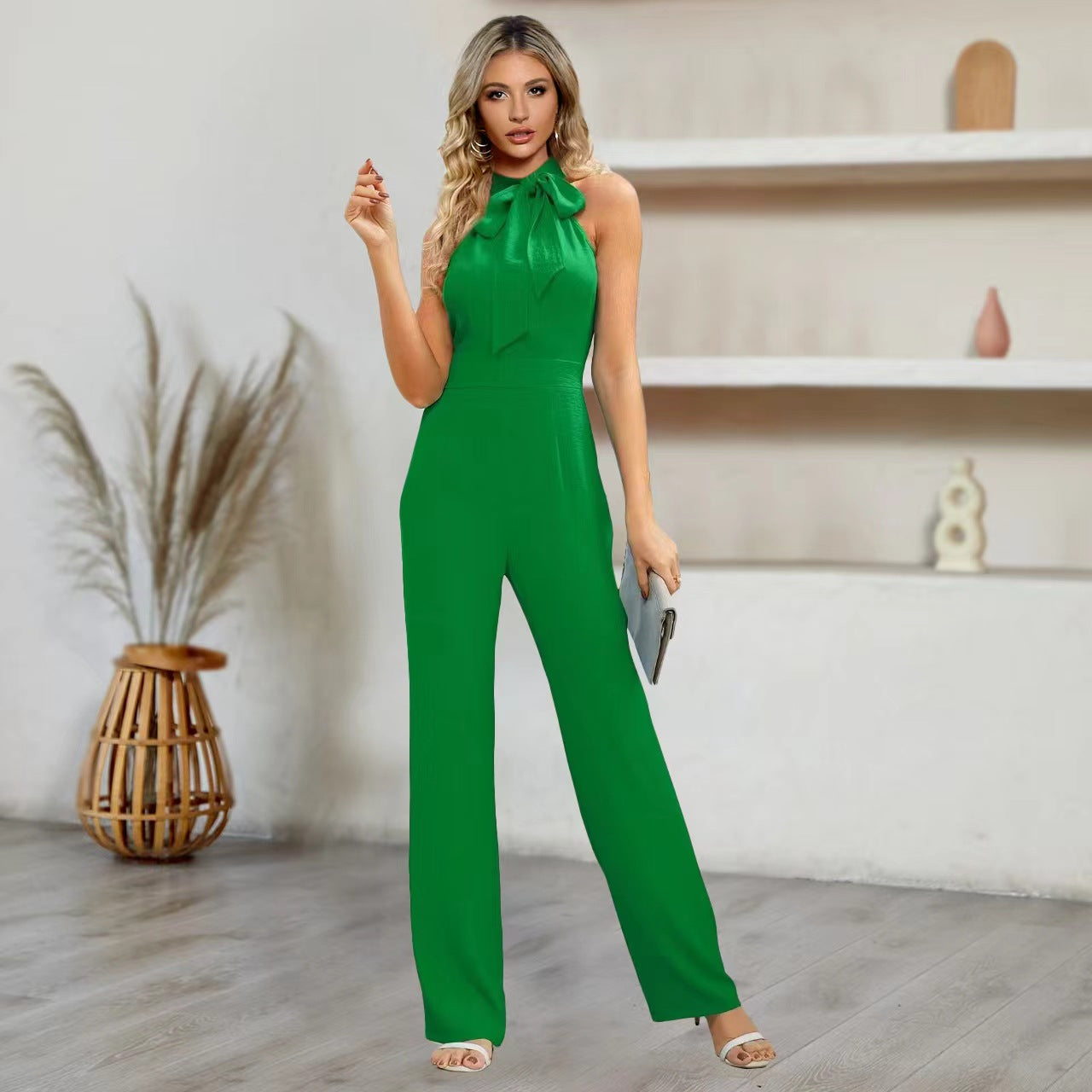 Pleated Bow Tie Sleeveless Jumpsuit With Straight Leg Fit