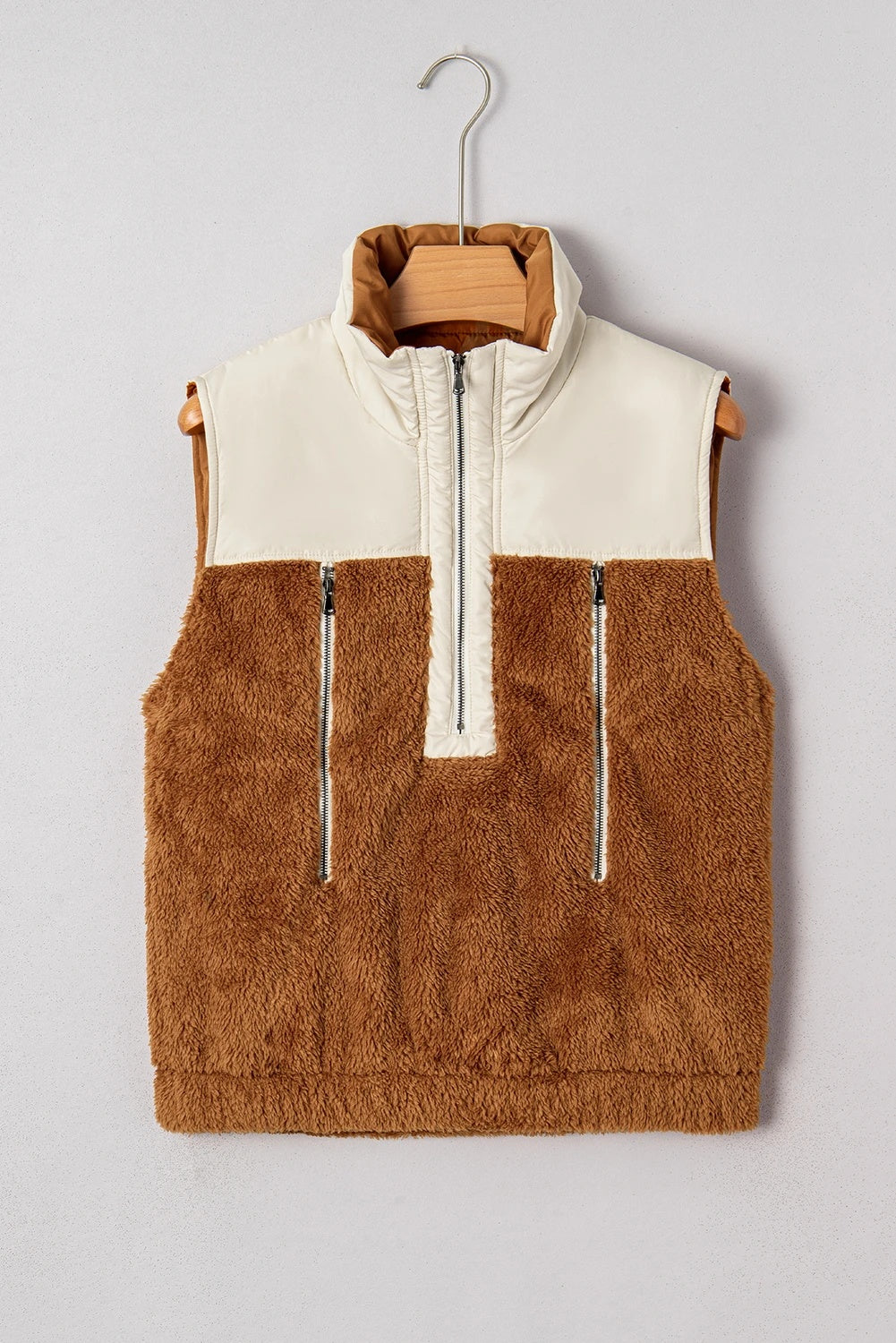 Stand Collar Wool-Blend Casual Stitch Detail Sleeveless Vest