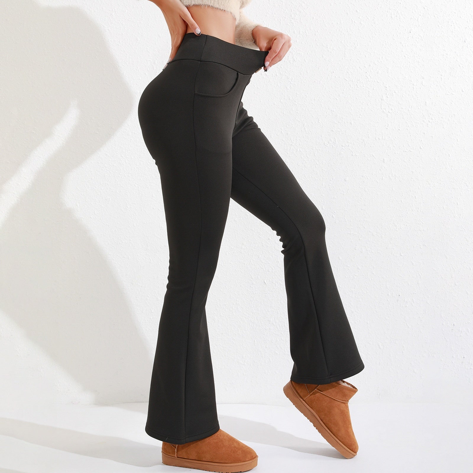 High-Waist Brushed Slim Fit Commuter Pants With Button Detail