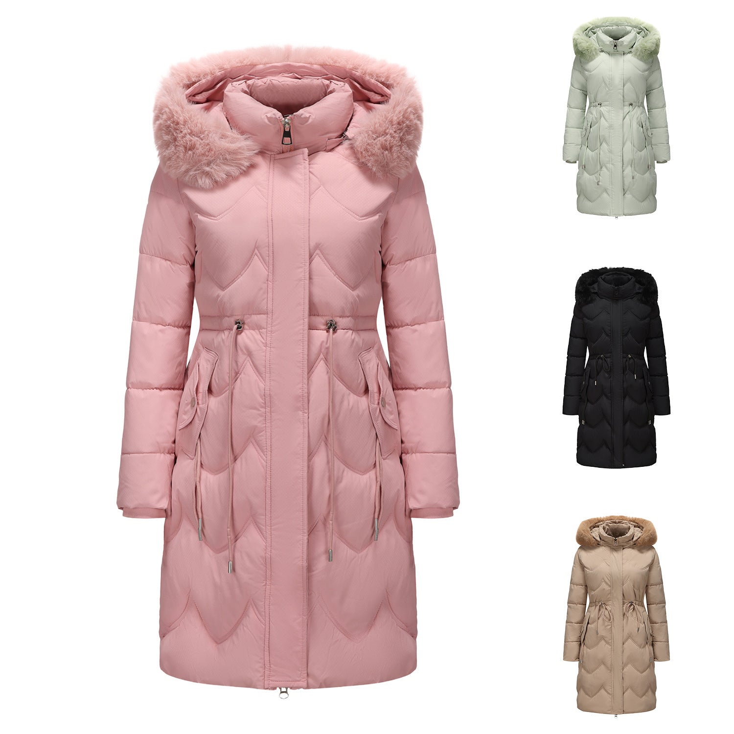 Women's Mid-Length Cotton Coat With Fur Collar And Belt
