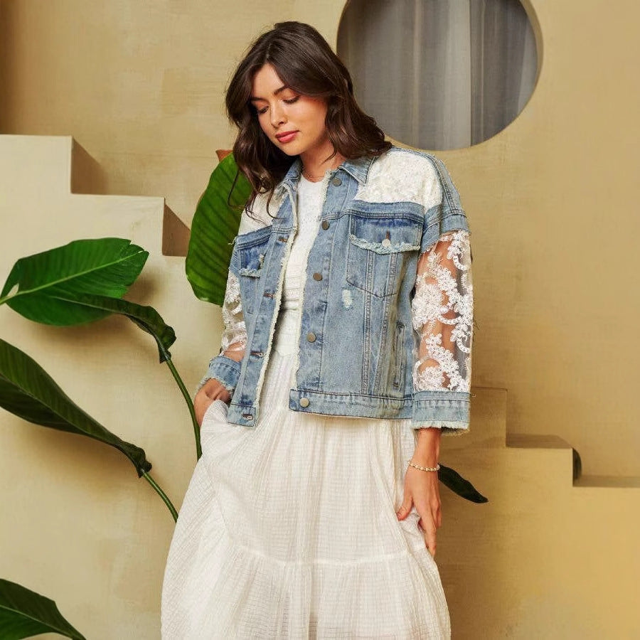 Hole Patched Light Blue Denim Jacket For Women